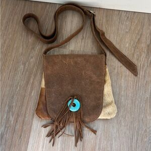 Boho Western Leather & Cowhide Crossbody Satchel Bag w/ Turquoise and fringe